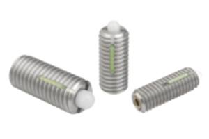 Pressori a molla con esagono incassato e puntale in POM, acciaio inox, con frenafiletto - inch Pressori a molla con esagono incassato e puntale in POM, acciaio inox, con frenafiletto - inch