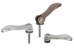 Leva eccentrica in acciaio inox con filettatura interna ed esterna, rondella di pressione in plastica-metallo e vite prigioniera in acciaio inox Leva eccentrica in acciaio inox con filettatura interna ed esterna, rondella di pressione in plastica-metallo e vite prigioniera in acciaio inox
