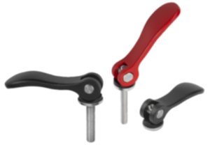Leva eccentrica in alluminio con filettatura interna ed esterna, rondella di pressione in plastica-metallo e vite prigioniera in acciaio o acciaio inox Leva eccentrica in alluminio con filettatura interna ed esterna, rondella di pressione in plastica-metallo e vite prigioniera in acciaio o acciaio inox
