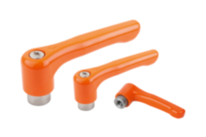 Leva di serraggio in zinco pressofuso, piatta, con filettatura interna, arancione puro satinato, inserto filettato in acciaio inox Leva di serraggio in zinco pressofuso, piatta, con filettatura interna, arancione puro satinato, inserto filettato in acciaio inox