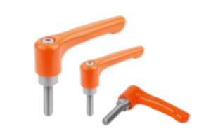 Leva di serraggio in zinco pressofuso, piatta, con filettatura esterna, arancione puro satinato, inserto filettato in acciaio inox Leva di serraggio in zinco pressofuso, piatta, con filettatura esterna, arancione puro satinato, inserto filettato in acciaio inox