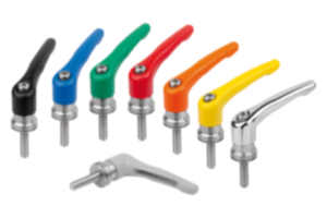 Maniglie a leva in zinco pressofuso con filettatura esterna e amplificatore di forza di serraggio, inserto filettato in acciaio inox Maniglie a leva in zinco pressofuso con filettatura esterna e amplificatore di forza di serraggio, inserto filettato in acciaio inox