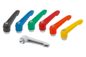 Leva di serraggio in plastica, con filettatura interna e ghiera dentata in zinco, inserto filettato in acciaio passivato blu Leva di serraggio in plastica, con filettatura interna e ghiera dentata in zinco, inserto filettato in acciaio passivato blu