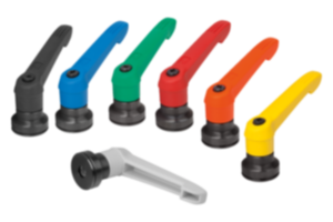 Maniglie a leva in plastica con filettatura interna e amplificatore di forza di serraggio, inserto filettato in acciaio brunito Maniglie a leva in plastica con filettatura interna e amplificatore di forza di serraggio, inserto filettato in acciaio brunito