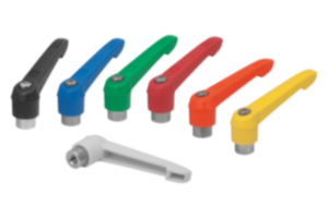 Leva di serraggio in plastica, con filettatura interna e ghiera dentata in zinco, inserto filettato in acciaio inox Leva di serraggio in plastica, con filettatura interna e ghiera dentata in zinco, inserto filettato in acciaio inox
