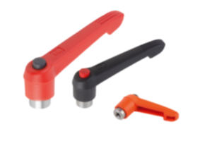 Maniglie a leva in plastica con filettatura interna e pulsante, inserto filettato in acciaio inox Maniglie a leva in plastica con filettatura interna e pulsante, inserto filettato in acciaio inox