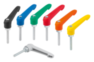 Leva di serraggio in plastica, con filettatura esterna e ghiera dentata in zinco, inserto filettato in acciaio passivato blu Leva di serraggio in plastica, con filettatura esterna e ghiera dentata in zinco, inserto filettato in acciaio passivato blu