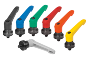 Maniglie a leva in plastica con filettatura esterna e amplificatore di forza di serraggio, inserto filettato in acciaio brunito Maniglie a leva in plastica con filettatura esterna e amplificatore di forza di serraggio, inserto filettato in acciaio brunito