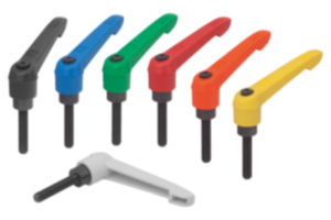 Leva di serraggio in plastica, con filettatura esterna e ghiera dentata in zinco, inserto filettato in acciaio brunito Leva di serraggio in plastica, con filettatura esterna e ghiera dentata in zinco, inserto filettato in acciaio brunito