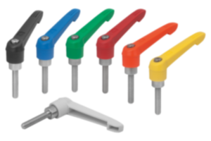 Leva di serraggio in plastica, con filettatura esterna e ghiera dentata in zinco, inserto filettato in acciaio inox Leva di serraggio in plastica, con filettatura esterna e ghiera dentata in zinco, inserto filettato in acciaio inox