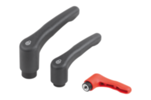 Maniglie a leva in plastica con filettatura interna e funzione di sicurezza, inserto filettato in acciaio passivato blu Maniglie a leva in plastica con filettatura interna e funzione di sicurezza, inserto filettato in acciaio passivato blu