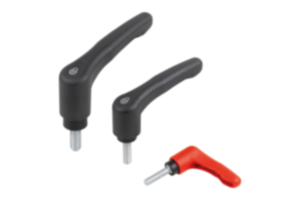 Maniglie a leva in plastica con filettatura esterna e funzione di sicurezza, inserto filettato in acciaio passivato blu Maniglie a leva in plastica con filettatura esterna e funzione di sicurezza, inserto filettato in acciaio passivato blu