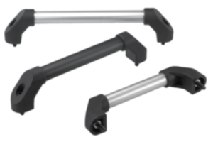 Maniglie a tubolari in alluminio o acciaio inox con supporti laterali in plastica, inclinate su entrambi i lati Maniglie a tubolari in alluminio o acciaio inox con supporti laterali in plastica, inclinate su entrambi i lati