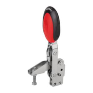 Ginocchiera di serraggio rapido verticale con chiusura di sicurezza con piede perpendicolare e mandrino pressore regolabile, acciaio inox Ginocchiera di serraggio rapido verticale con chiusura di sicurezza con piede perpendicolare e mandrino pressore regolabile, acciaio inox