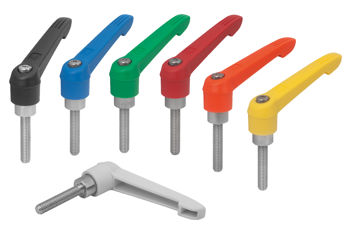 Maniglia a leva con filettatura esterna e impugnatura in plastica, parti metalliche in acciaio inox