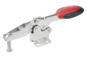 Ginocchiera di serraggio rapido orizzontale con chiusura di sicurezza  con piede orizzontale e mandrino pressore regolabile, acciaio inox