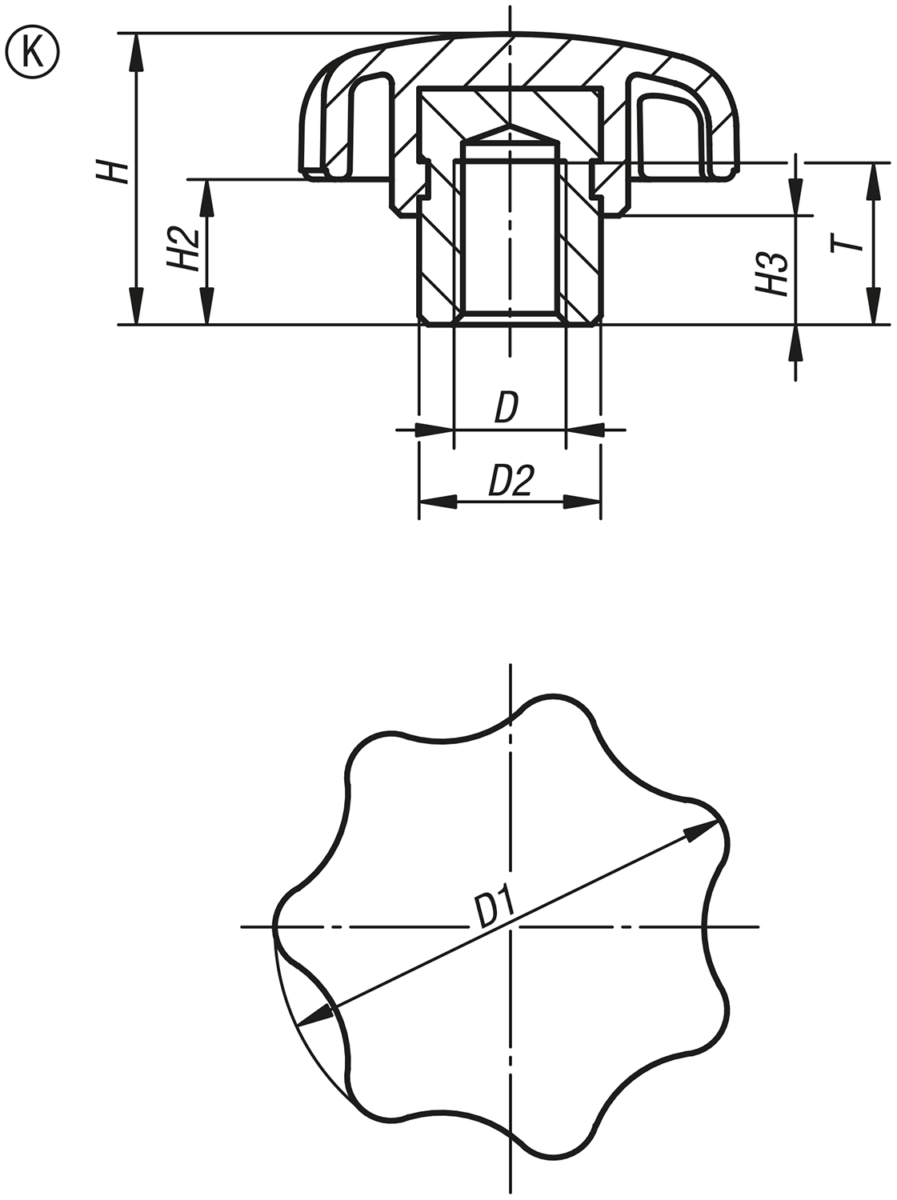 Manopole a lobi in plastica con boccola in acciaio metal detectable, forma K, con bussola filettata