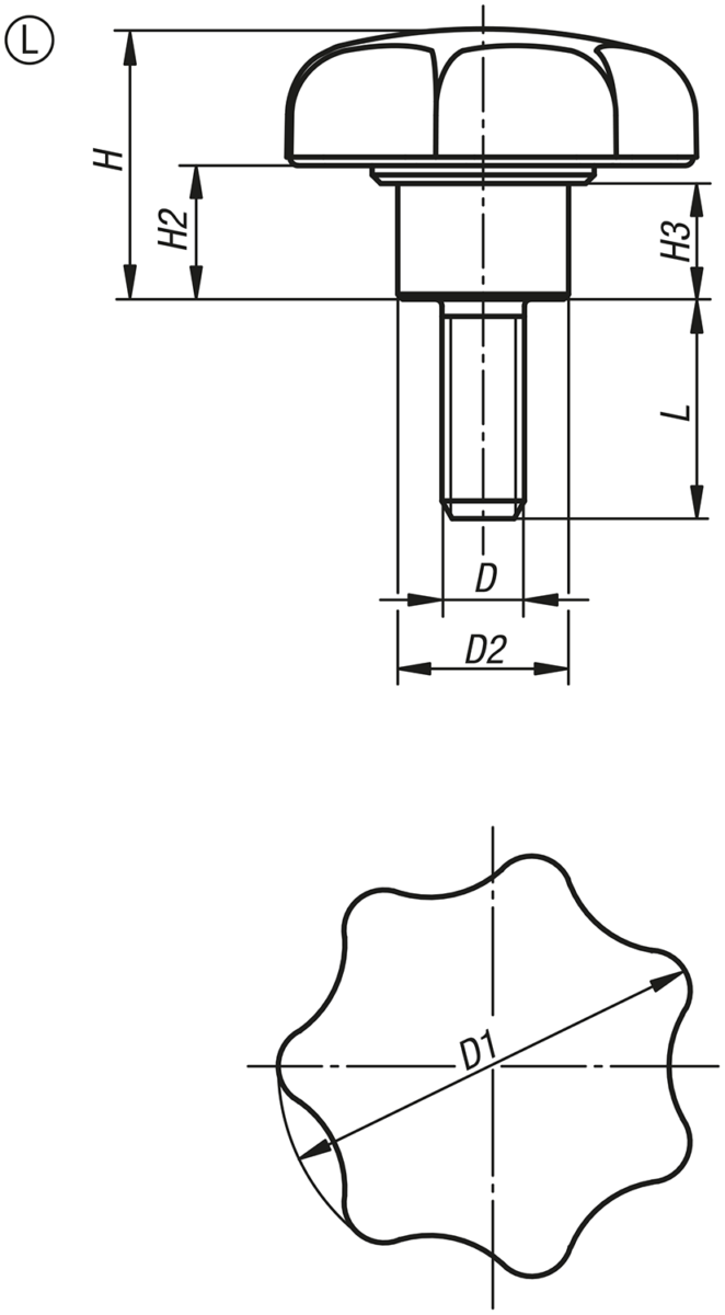 Manopole a lobi in plastica con boccola in acciaio metal detectable, forma L, con filettatura esterna