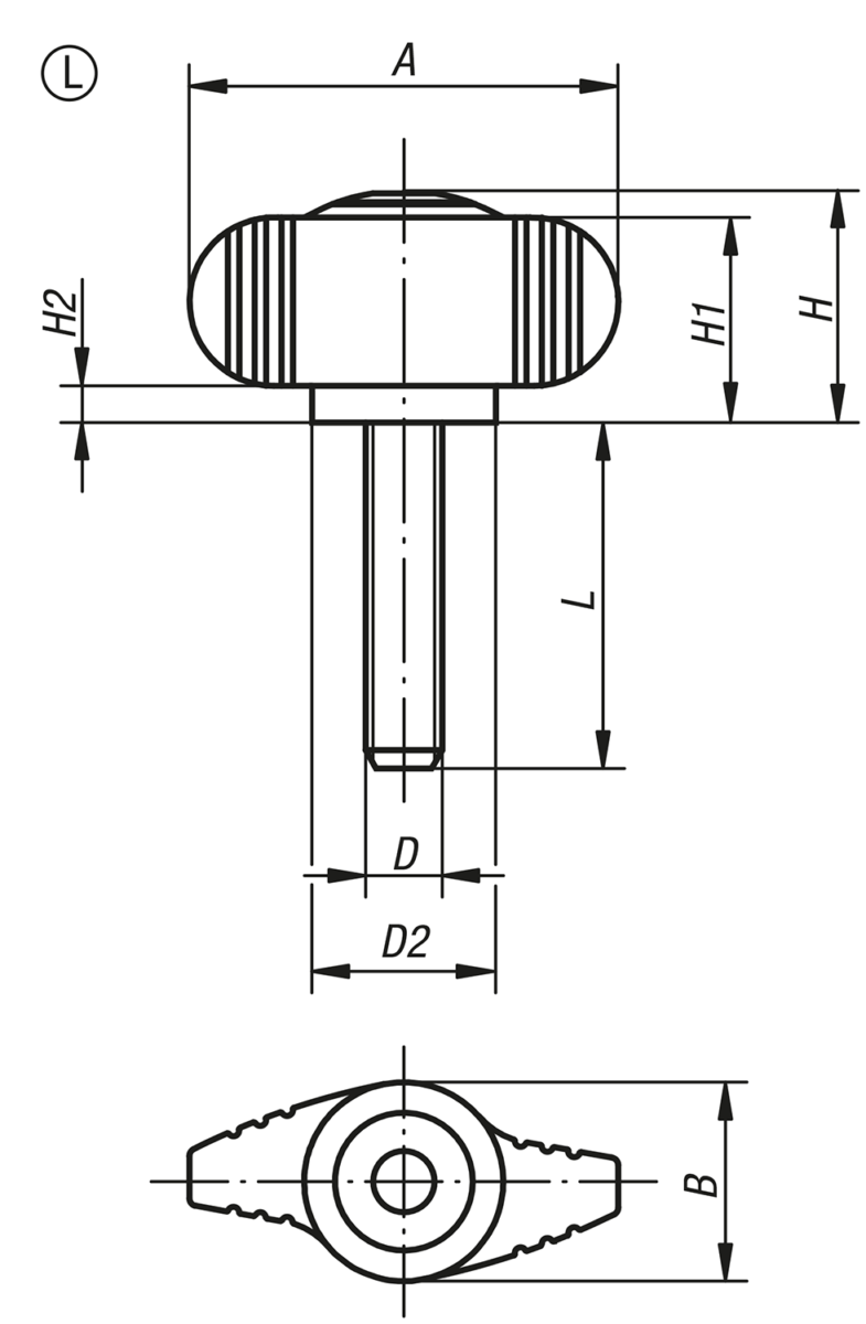 Impugnature a galletto "Miniwing" in plastica metal detectable con filettatura esterna